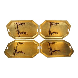 Vintage Japanese Painted Bamboo & Black Lacquer Gold Leaf Tea Serving Trays- Set of 4 For Sale