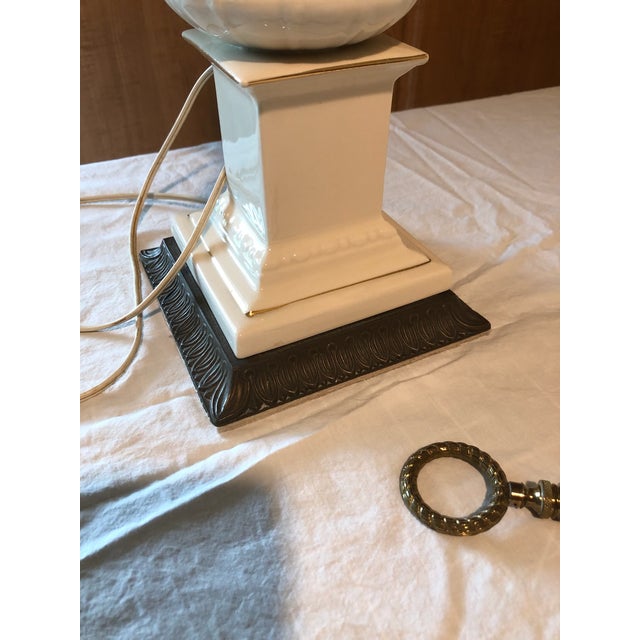 Traditional Vintage Porcelain Lamp With Shade For Sale - Image 3 of 8