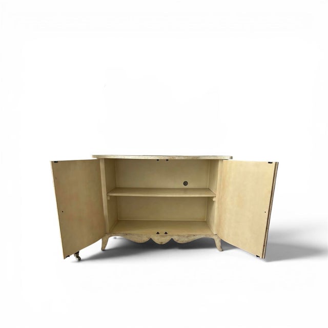 French Country Ardley Hall Distressed Two-Door Cabinet / Entertainment Console in Antiqued Cream Finish, Attributed For Sale - Image 3 of 6