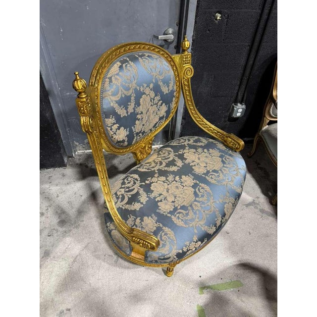 2010s French Louis XV Blue Accent Chair With Gold Leaf For Sale - Image 5 of 12