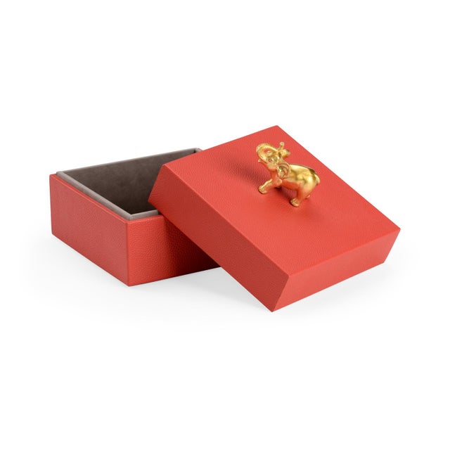 Felt Lined Wooden Box Covered In Faux Red Leather With A Metallic Gold Elephant Accent Handle. Clean with a dry cloth