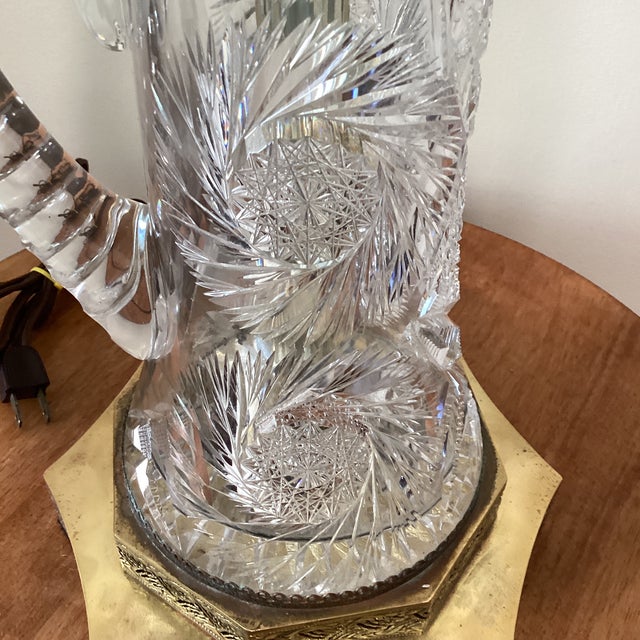 Waterford Vintage Neoclassical Style Waterford Brilliant Cut Pitcher Vase Table Lamp With Beaded and Sequined Brown Shade For Sale - Image 4 of 12