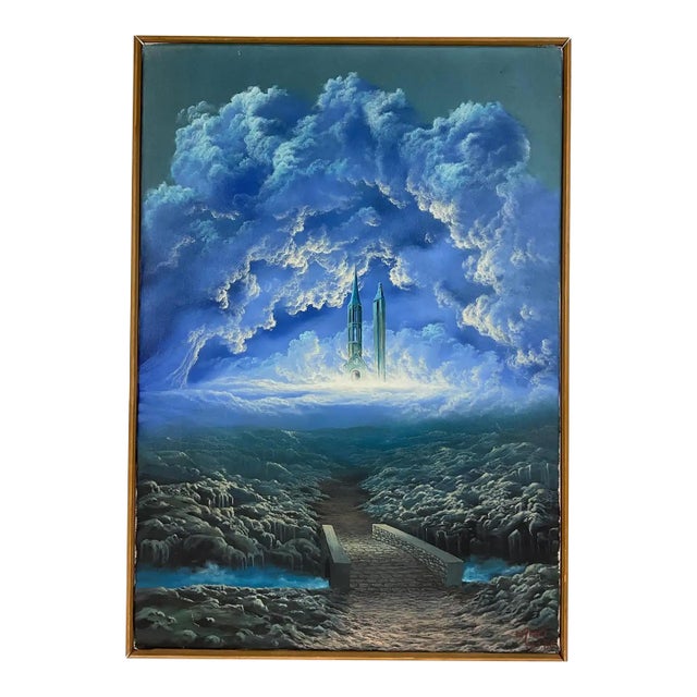 Surrealist Cloudscape Painting With Cathedral Towers, Manner Magritte For Sale
