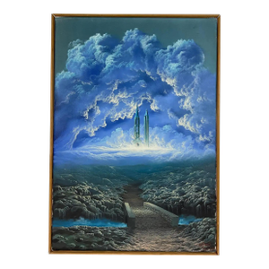 Surrealist Cloudscape Painting With Cathedral Towers, Manner Magritte