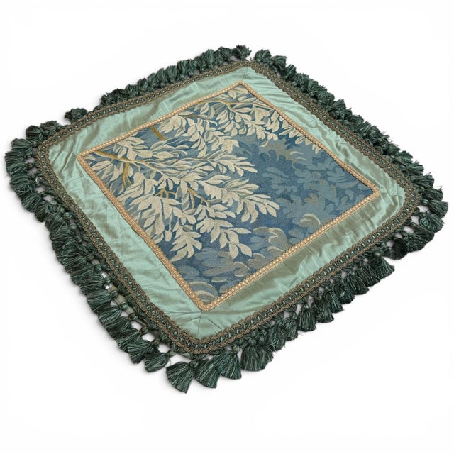 Antique Silk Tapestry Cushion Cover With Tassel Fringe, Blue & Ivory Floral, 23"x23" For Sale - Image 4 of 5