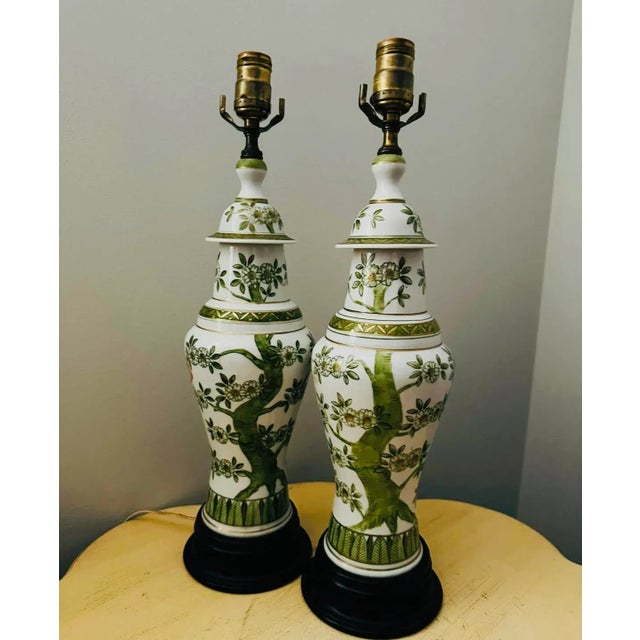 Asparagus Vintage Chinese Chinoiserie Porcelain Green Lamps - A Pair For Sale - Image 8 of 9