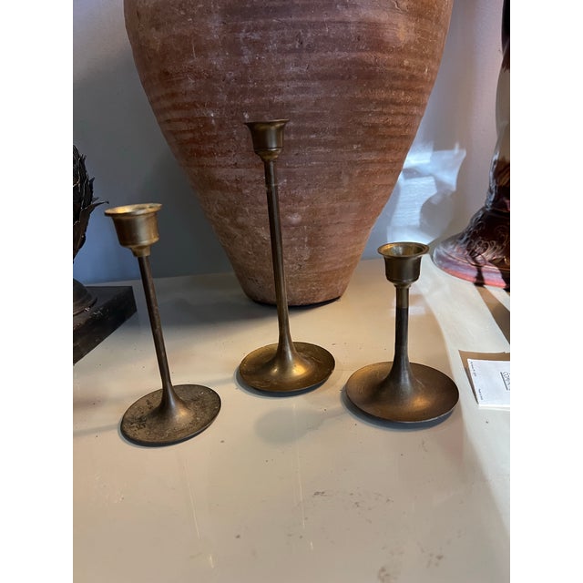1970s Trio of Simple Brass Skinny Candlestick Holders For Sale - Image 4 of 7