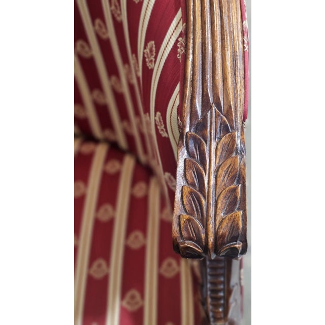Early 20th Century Pair of English Regency Mahogany Bergeres With Swan Head Carving Red Silk Fabric For Sale - Image 12 of 12
