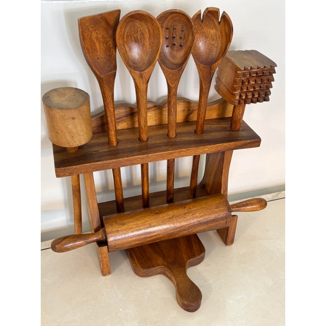 Farmhouse Late 20th Century Workshop-Made Wooden Utensils With Holder - 9 Pieces For Sale - Image 3 of 8