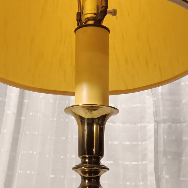Mid 20th Century Vintage Tall Two-Tone Solid Brass and Bronze Tone French Candlestick Style Neoclassical Table Lamp With Original Shade For Sale - Image 5 of 12