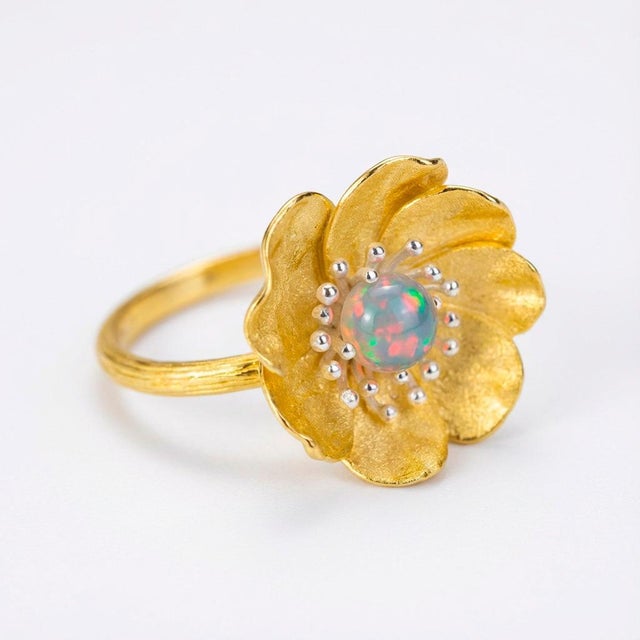 Peony Flower Ring With Opal, Size 8 For Sale - Image 9 of 9