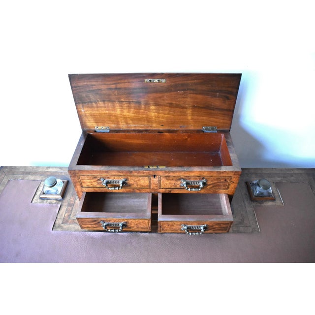 Wood Antique Victorian Burl Walnut & Leather Writing Desk With Letter Box & Inkwells For Sale - Image 7 of 13