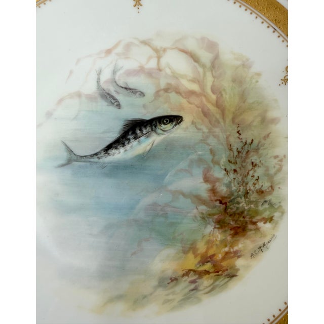 Gold Set of 6 Antique 1800's Hand Painted Limoges Tressemanes & Vogt Porcelain Fish Plates For Sale - Image 8 of 18