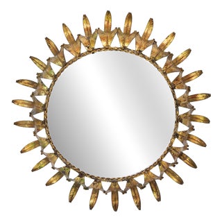 Sun Mirror in Gold Metal Frame with Leaves, 1950s For Sale