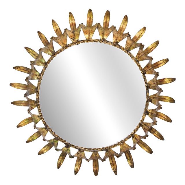 Sun Mirror in Gold Metal Frame with Leaves, 1950s For Sale