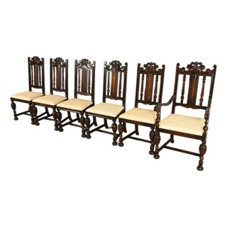 Berkey & Gay Antique English Jacobean Carved Walnut Dining Chairs, Set of Six For Sale