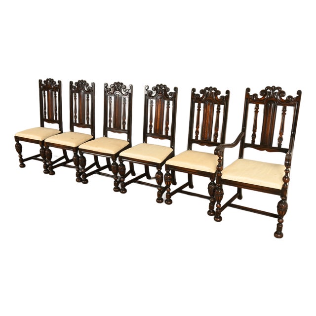 Berkey & Gay Antique English Jacobean Carved Walnut Dining Chairs, Set of Six For Sale