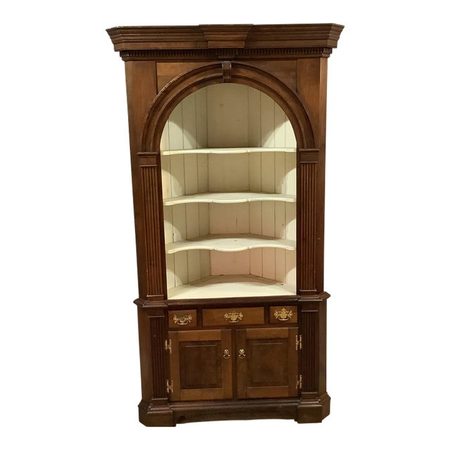 Antique Corner Cabinet Burled Wood Painted Interior 2 Pce Fluted Column Arched For Sale