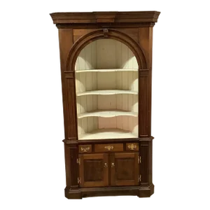 Antique Corner Cabinet Burled Wood Painted Interior 2 Pce Fluted Column Arched