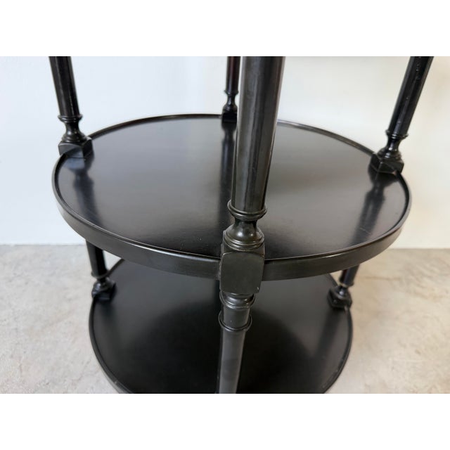 Wood 1960s Hollywood Regency Black Ebonized Three-Tier Side Table on Brass Casters For Sale - Image 7 of 12