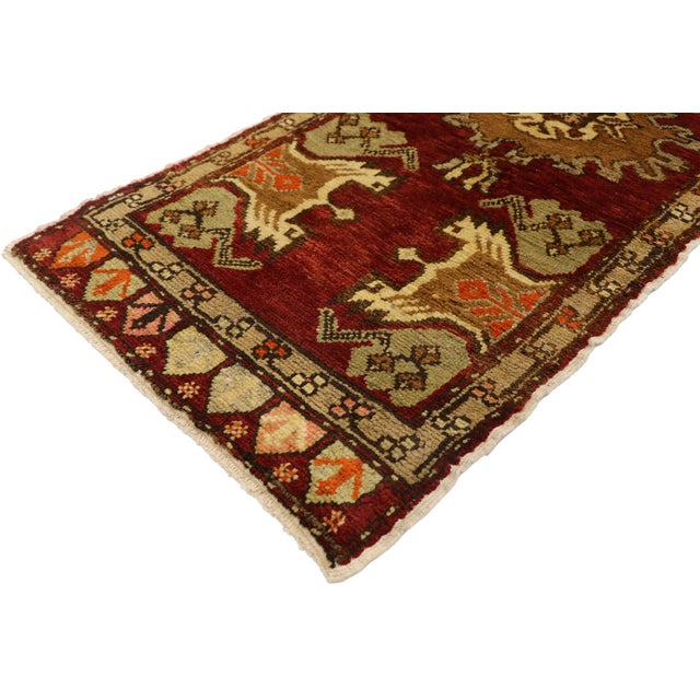 51494 Vintage Turkish Yastik Rug, 01'08 x 03'00. This hand-knotted wool vintage Turkish Yastik rug is a captivating piece...
