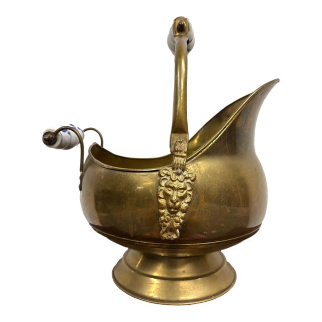 Vintage Brass Coal Scuttle With Lion Head Accents For Sale