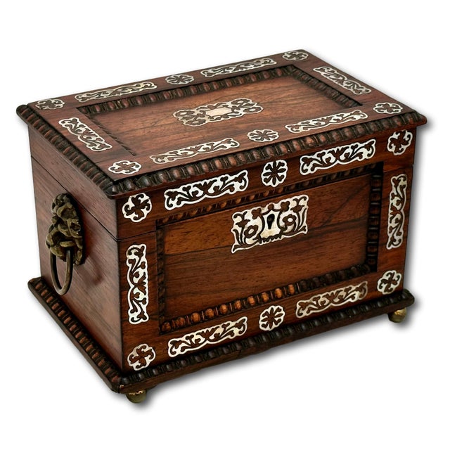 Victorian Outstanding Antique Victorian Rosewood Veneer Tea Caddy Box With Fancy Abalone Inlay Features - Circa 1870s For Sale - Image 3 of 18