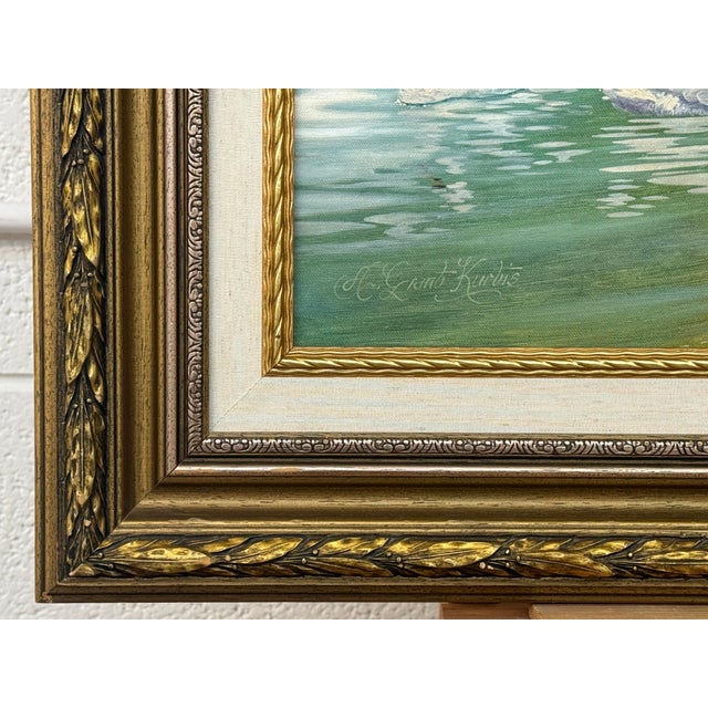 Swans on a River with Wild Flowers in the English Countryside by British Artist 1980 Circa For Sale - Image 11 of 18