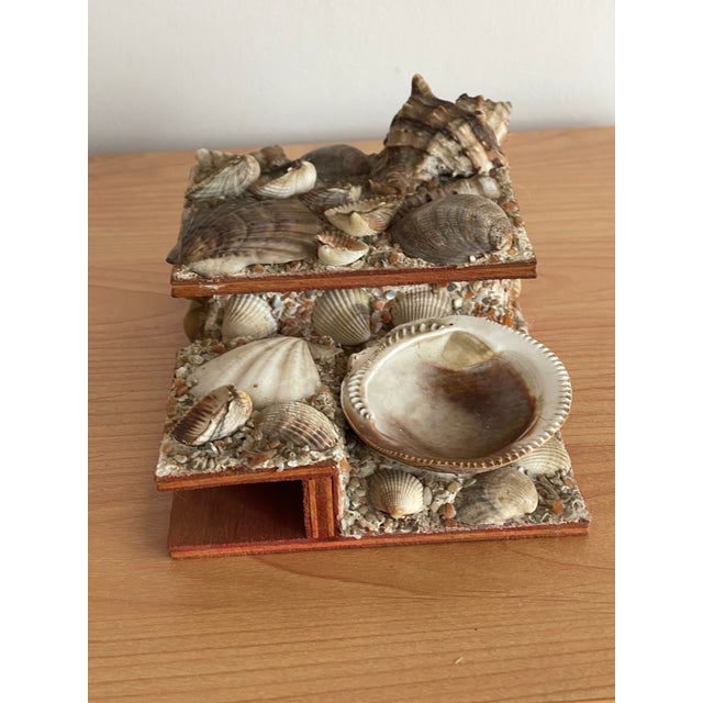 Unique antique collectible Sailors Valentines box with two departments for matchbox and upturned sea shell.