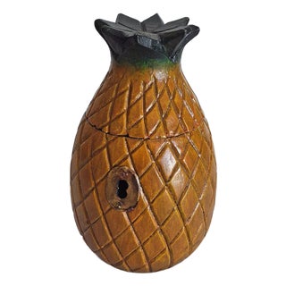 Artisan Carved Solid Wood Pineapple Trinket Box With Hinged Lid For Sale
