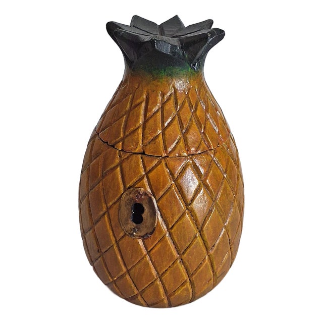 Artisan Carved Solid Wood Pineapple Trinket Box With Hinged Lid For Sale