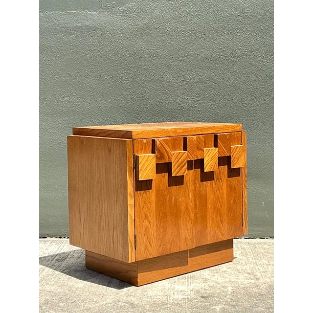 Mid-Century Modern Vintage Brutalist Geometric Wood Cabinet For Sale - Image 3 of 14