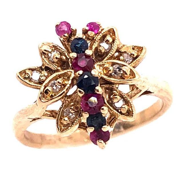 Yellow 14 Karat Yellow Gold Fashion Ring With Sapphire Ruby and Diamond Cluster, Size 6.5 For Sale - Image 8 of 8