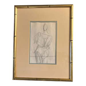 1950’s Original Abstract Charcoal Figure Study Drawing Faux Bamboo Frame