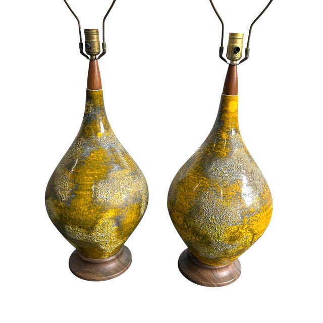 Mid Century 1960s Lava Glaze Yellow Table Lamps- A Pair For Sale - Image 4 of 10