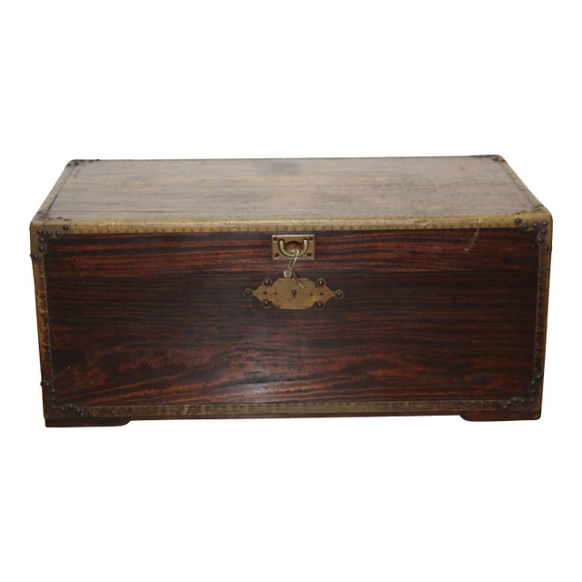 Mid 19th Century English Brass Mounted Trunk W/ Original Key For Sale