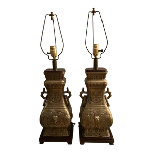 Mid 20th Century Brass Chinoiserie Urn Lamps Attributed to James Mont - a Pair