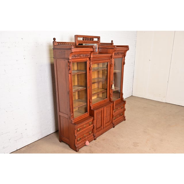 Victorian Herter Brothers Style Antique Eastlake Victorian Carved Walnut Triple Bookcase Cabinet, Circa 1880s For Sale - Image 3 of 12