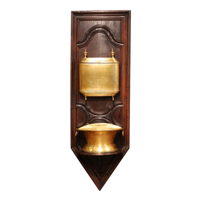 19th Century French Brass Lavabo Fountain on Carved Oak Wall Panel For Sale