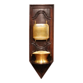 19th Century French Provincial Brass Lavabo Fountain on Carved Oak Wall Mount For Sale