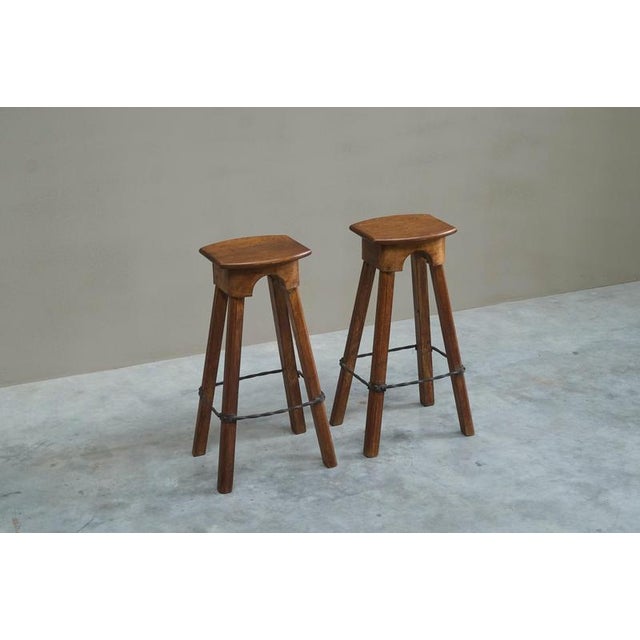 Mid-Century Bar Stools in Oak and Wrought Iron, 1940s, Set of 2 For Sale - Image 9 of 11