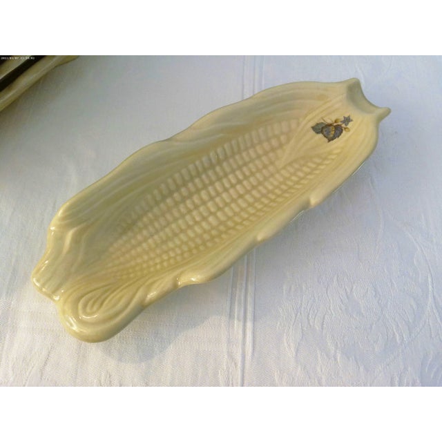 French Country 1980s Blue Leaf Ceramic Corn Cob Plates, S/7 For Sale - Image 3 of 5
