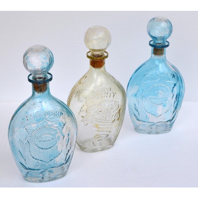 Mid-20th Century American Blown Glass Flasks Decanter Bottles Friendship Horn of Plenty Blue Amber - Set of 3 For Sale - Image 12 of 18