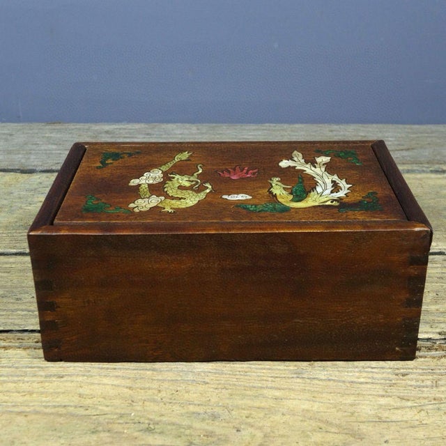 Wood 1980s Wooden Keepsake Box With Dragon Phoenix Mother of Pearl Inlay, Chinoiserie Tabletop Storage For Sale - Image 7 of 9