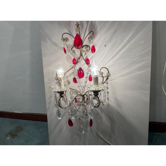 Ruby Red Crystal Beaded Sconces, 1940s, Set of 2 For Sale - Image 9 of 15