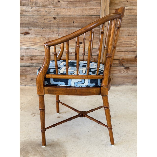 Drexel Vintage Chinoiserie Drexel Heritage Faux Bamboo Walnut Spindle Arm Chair Newly Upholstered For Sale - Image 4 of 12