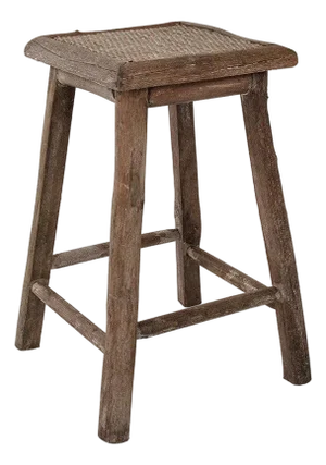 Weathered Brown Wood Stool with Woven Rattan Seat
