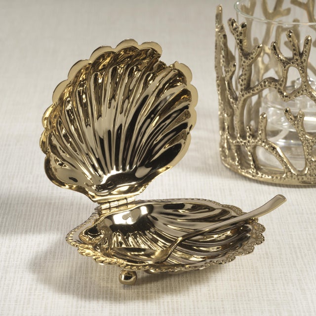 Cap Ferrat Fan Shell Lidded Bowl w/ Spoon, Polished Gold This exquisite clam shell-lidded bowl features a footed base and...