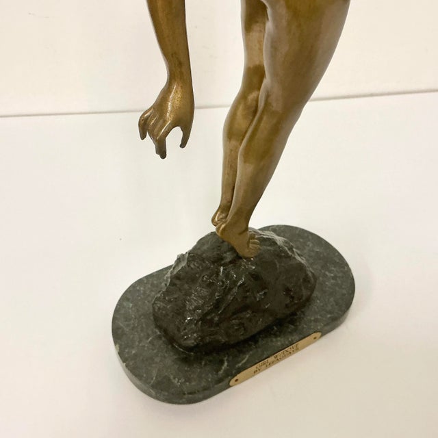 Pierre Le Faguays Vintage French Art Deco Pierre Le Faguays Bronze Nude Sculpture, Girl With Dove For Sale - Image 4 of 18