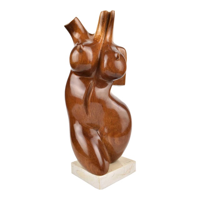 Mid 20th Century Wood Carved Nude Female Torso Sculpture on Stone Base by Amalina For Sale
